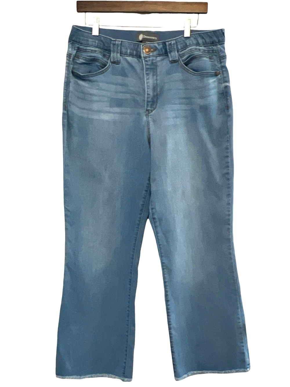 Democracy “Ab‎ Technology” Cropped Flare Jeans Light Wash Raw Hem Stretch, Sz 14